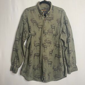 VTG Woolrich Bull Elk All Over Print Flannel Shirt Green Long Sleeve Mens XL
